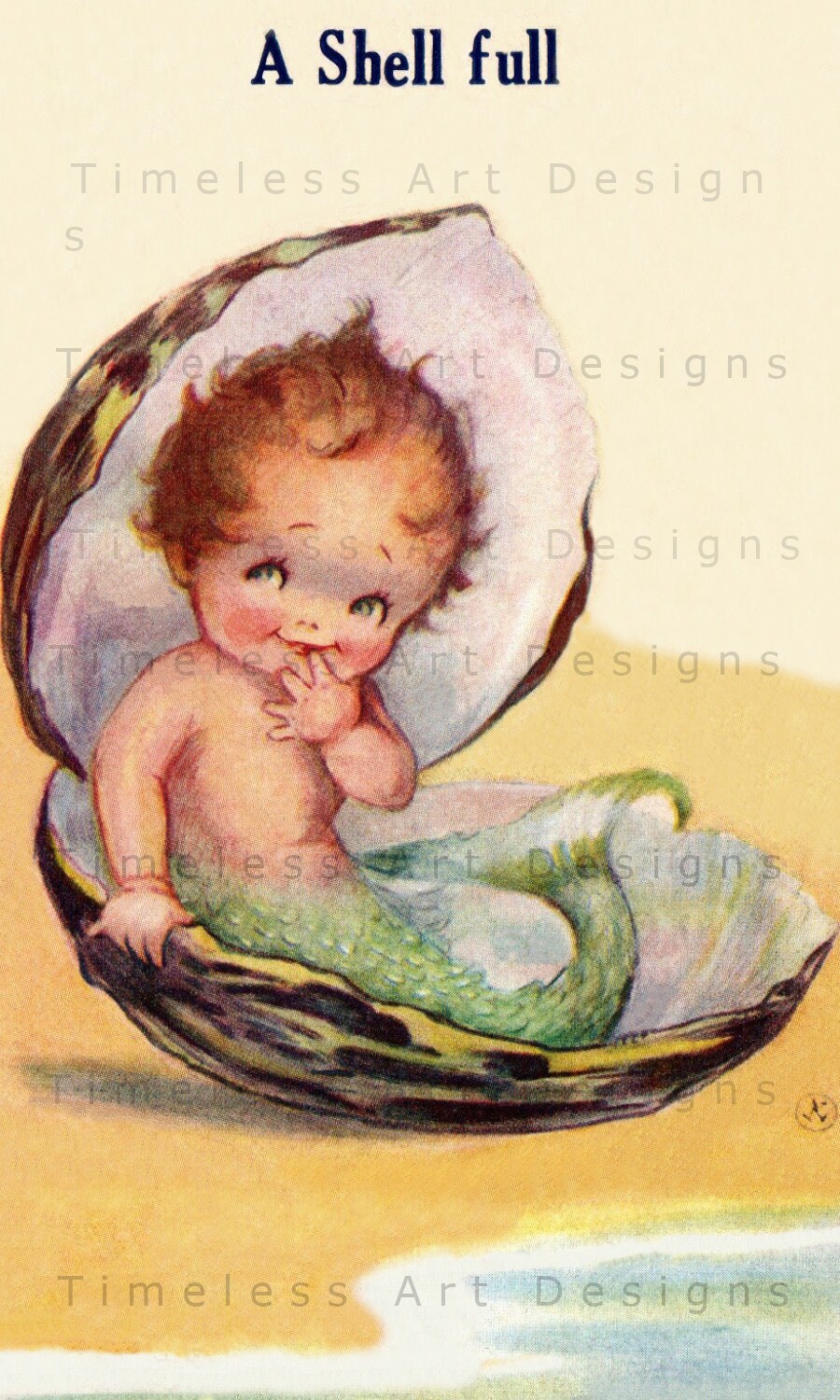 Digital Download Image of Sweet Baby Mermaid in an Oyster Shell