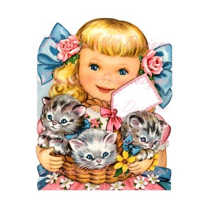 Tarjeta de cumpleaños vintage imprimible con una linda niña con una canasta de gatitos, descarga digital instantánea. 2 archivos jpg.