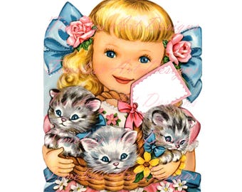 Instant Digital Download Pretty Little Girl With Basket Of Kittens Printable Vintage Birthday Card. 2 jpgs.