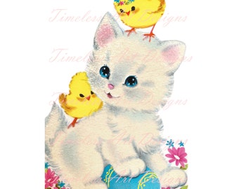Digitale download Darling Kitten & Chicks Egg Vintage Paaskaart Afdrukbaar 1 jpg 1 png