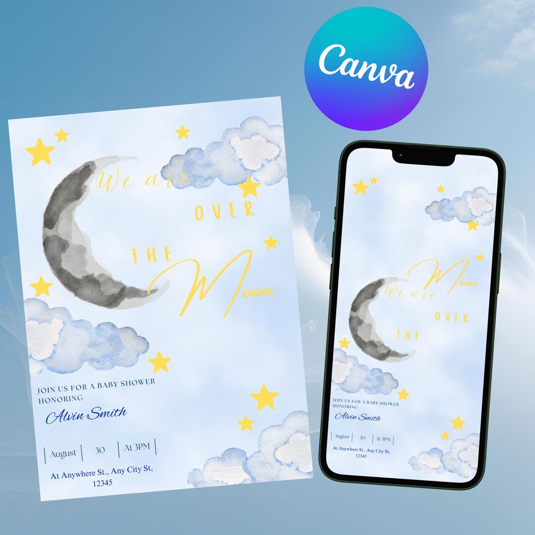 Moon and Stars Baby Shower Template, Canva Editable Design, Blue Clouds ...
