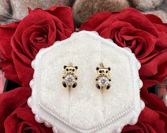 Aros de oso de peluche dorados, joyería de animales con circonitas cúbicas