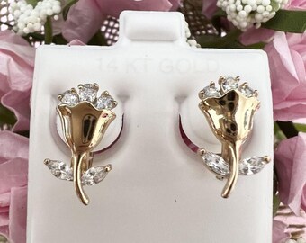 Pendientes de aro con forma de rosa, chapados en oro, de plata de ley con circonitas cúbicas, pequeños aros colgantes.