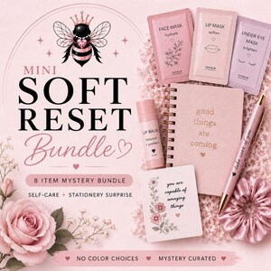 Mini Soft Reset Bundle | 8 Item Mystery Self Care Gift, Face Lip & Eye Masks, Lip Balm, Notebook and Pen