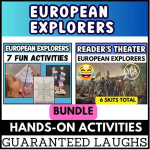 Puede incluir: Un paquete de materiales educativos titulado "European Explorers" con "7 actividades divertidas" y "Reader's Theater". La imagen incluye una rosa de los vientos, una maqueta de barco y una pintura histórica. También está presente el texto "Actividades prácticas, risas garantizadas".