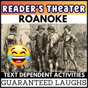 May include: Reader's Theater Roanoke text-dependent activities. The image features a historical illustration of men in period clothing, with the word "CROATOAN" visible. A laughing emoji is superimposed on the image. The text at the bottom reads "GUARANTEED LAUGHS."