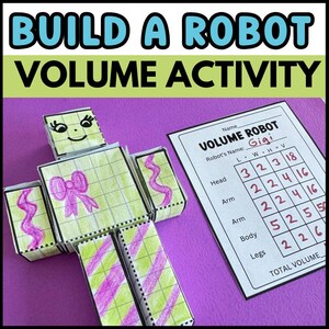 Könnte beinhalten: Ein handgefertigter Roboter aus Papier mit einer rosa Schleife und wellenförmigen Linien. Der Roboter ist Teil einer Volumenaktivität mit einem Arbeitsblatt mit der Aufschrift "Volume Robot" und dem Namen "Gigi". Der Text "Build a Robot Volume Activity" steht oben.