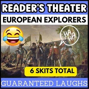 Puede incluir: Imagen promocionando "Reader's Theater European Explorers" con una pintura histórica de exploradores. El texto incluye "6 Skits Total" y "Guaranteed Laughs", junto con un emoji riendo y una burbuja de diálogo con "HA HA".