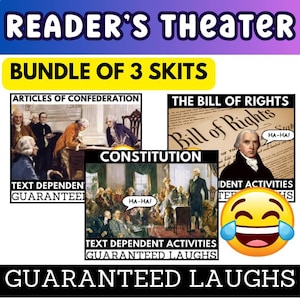 May include: A digital graphic promoting "Reader's Theater" with three skits: "Articles of Confederation," "The Bill of Rights," and "Constitution." The image includes historical illustrations, text, and a laughing emoji, promising "Guaranteed Laughs."