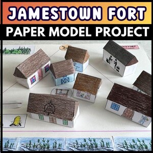 May include: A paper model project of Jamestown Fort. The image shows several small, handcrafted paper houses with brown roofs and white walls. The houses are arranged on a map-like surface, with the text "Jamestown Fort Paper Model Project" at the top.