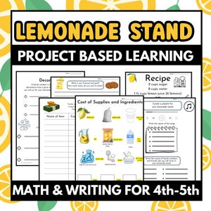 May include: A printable educational resource titled "Lemonade Stand Project Based Learning" for 4th-5th grade. The image features worksheets for math and writing, including a recipe, cost analysis, and playlist creation. The design incorporates lemon and yellow accents.