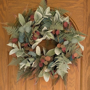 Year Round Wreath Front Door Greenery Wreath Home Decor Lamb&#39;s Ear Wreath Unique Gift for Housewarming Eucalyptus Farmhouse Decor All Year