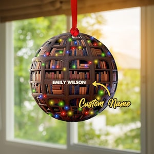Personalized Bookshelf Christmas Ornament, Custom Name Keepsake Ornament, Flat Ornament, Christmas Gift for Reading Book Lovers, Bookworms