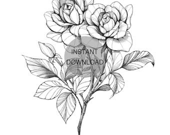 Line Drawing Rose Wall Art, rose print, room wall art, digital dawnload, line art print