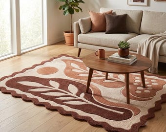 Hand Tufted Abstract Botanical Rug, Wavy Edge Boho Area Carpet Decor