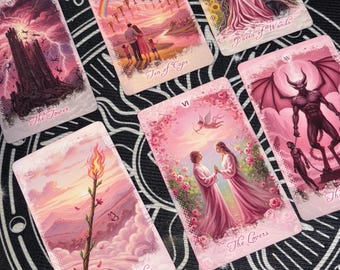 May include: A set of five tarot cards featuring pink-toned illustrations. The cards include The Tower, Ten of Cups, Queen of Wands, Ace of Wands, The Lovers, and The Devil. Each card displays its title in cursive script at the bottom.
