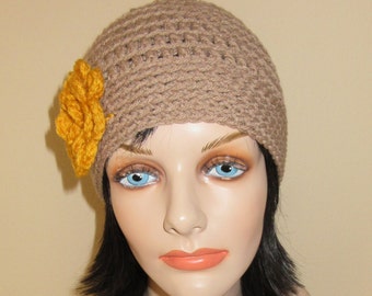 Taupe Beanie with Attached Crocheted Gold Flower, Cold Weather Hat, Flapper Hat, Women's Beanie, Ice Skating