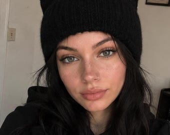 Crocheted Black Cat Ears Beanie - Acrylic Yarn, Fits up to 24"