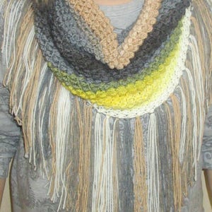 Crochet Cowl, Gray, White, Yellow, Beige Spring Cowl, Infinity Scarf, Fringed Scarf image 5