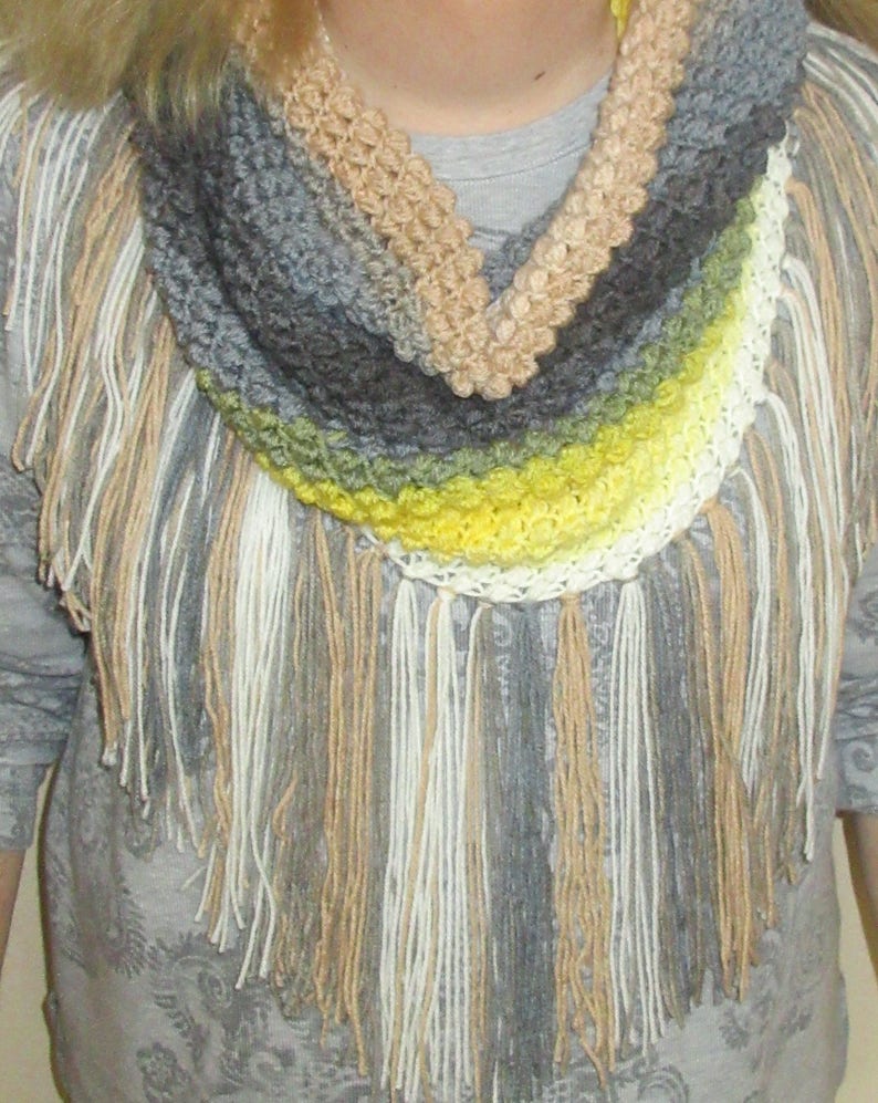 Crochet Cowl, Gray, White, Yellow, Beige Spring Cowl, Infinity Scarf, Fringed Scarf image 5