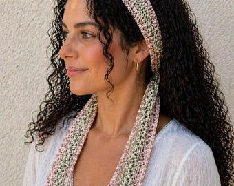 Crochet Head Wrap Scarf | Long Tie Headband | Boho Hair Wrap | Lightweight Summer Headscarf | Gift for Her Pink Camouflage Head Wrap