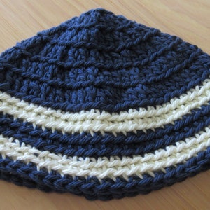 Kippot, Extra Large Crocheted Kippa, Cotton Kippah, Jewish Head Covering, Dark Denim Ivory Kippot