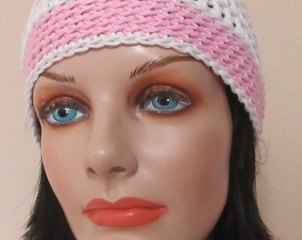 White and Pink Cotton Crocheted Beanie, Lightweight Hat, Warm Weather Accessory