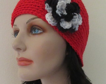 Red Crochet Beanie with Flower, Women's Winter Hat, Handmade Crochet Hat, Black White Flower Beanie, Warm Winter Accessory