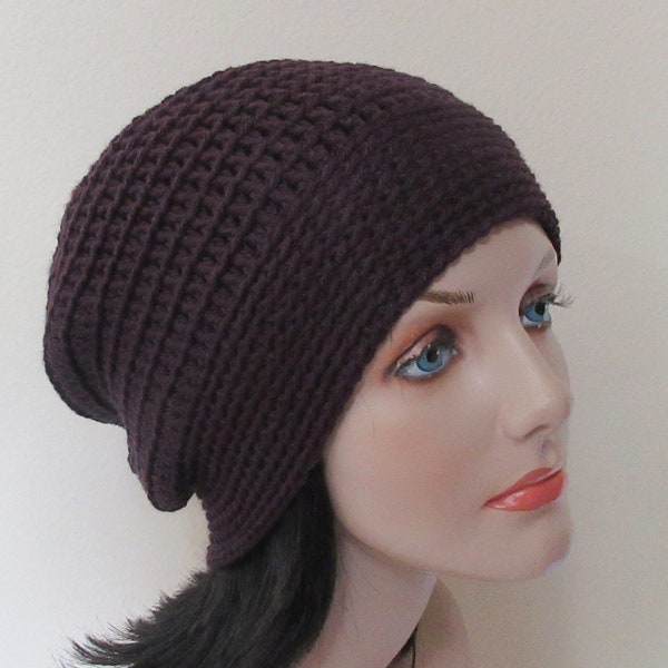 Plum Slouchy Beanie, Crocheted Slouchy Large Hat, Cold Weather Accessory, Snow Playing, Ice Skating, Hockey Mom, Gift for Purple Lover