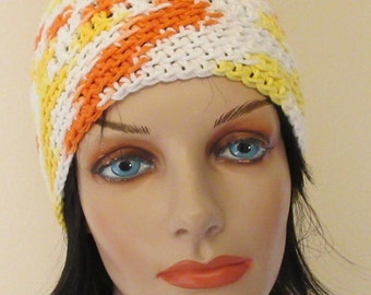 Orange, White and Yellow Beanie, Crochet Beanie, Summer Hat, Spring Beanie, Cotton Hat, Women's Cotton Hat, Warm Weather Hat