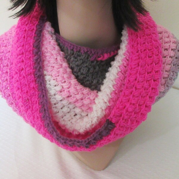 Pink Infinity Scarf, Lightweight Year Round Scarf, Fashion Accessory, Pink Gray White Crocheted Scarf