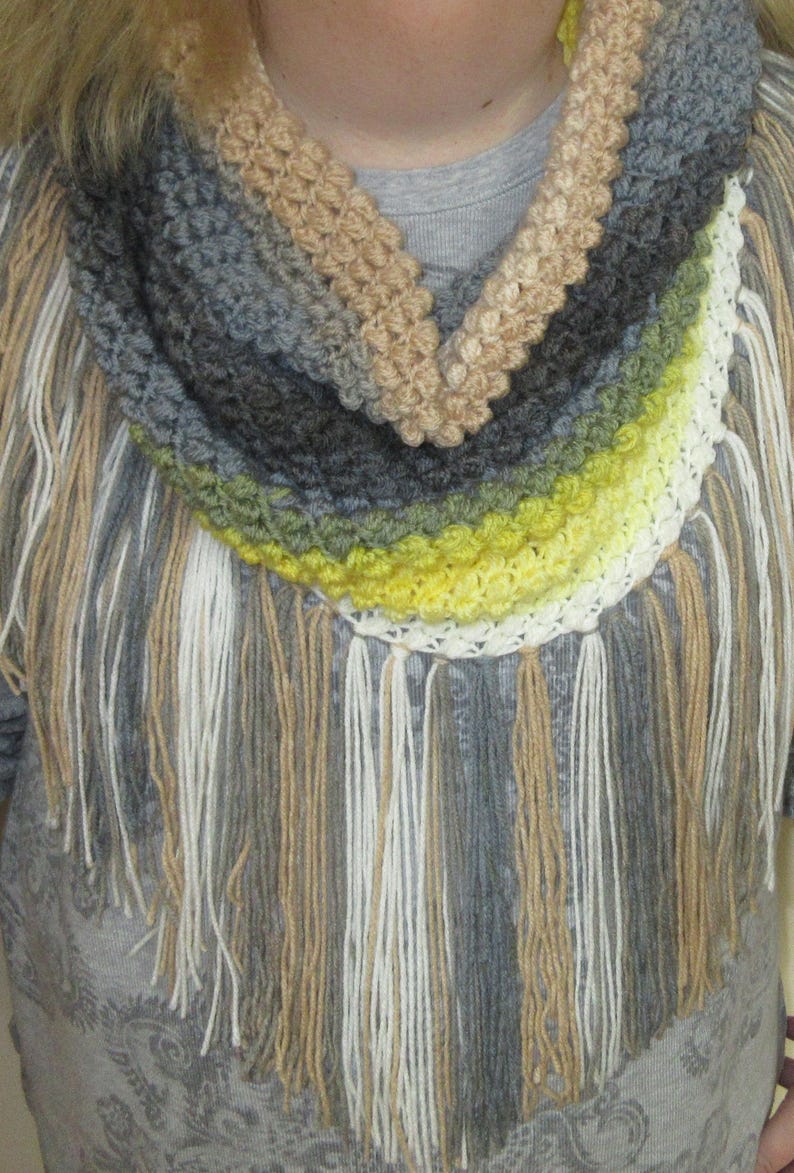 Crochet Cowl, Gray, White, Yellow, Beige Spring Cowl, Infinity Scarf, Fringed Scarf image 1