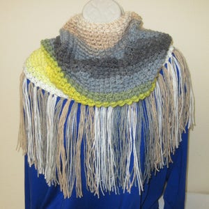 Crochet Cowl, Gray, White, Yellow, Beige Spring Cowl, Infinity Scarf, Fringed Scarf image 2