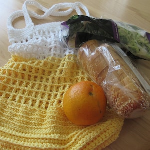 Market Bag, Mesh Crochet Market Bag, Cotton Reusable Grocery Shopping Bag, Eco Friendly Tote, Beach Tote, Yellow/White Bag, Farmers Market