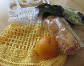 Crochet Cotton Mesh Market Bag, Yellow and White Reusable Tote