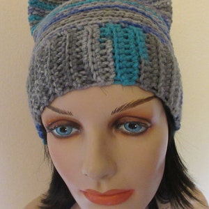 Crocheted Cat Ears Beanie: Grey, Turquoise, and Blue