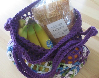 Crocheted Cotton Market Bag: Reusable Grocery Tote, Purple, Blue, White