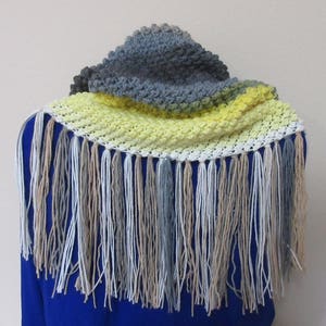 Crochet Cowl, Gray, White, Yellow, Beige Spring Cowl, Infinity Scarf, Fringed Scarf image 3