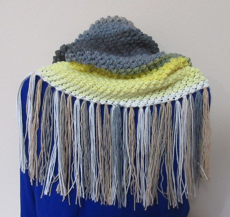 Crochet Cowl, Gray, White, Yellow, Beige Spring Cowl, Infinity Scarf, Fringed Scarf image 3