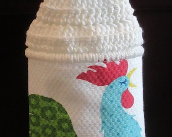 Crocheted Top Kitchen Towel: Colorful Rooster Farmhouse Decor