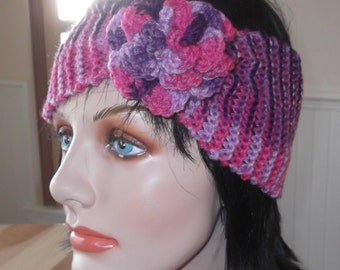 Purple Pink Knit Headband Wide Flower Headband Cold Weather Headband Hockey Mom Unique Stocking Stuffer Idea