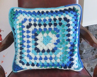 Blue White Pillow, Crocheted Pillow, Decorative Pillow, Granny Square Pillow