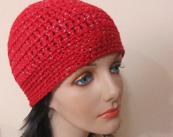 Red Sparkle Beanie, Crocheted Beanie, Red Silver Beanie, Cold Weather Accessory