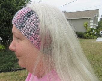 Pink, Black, Grey, White Ear Warmer Ponytail Holder, Wide Headband, Crocheted Ear Warmer