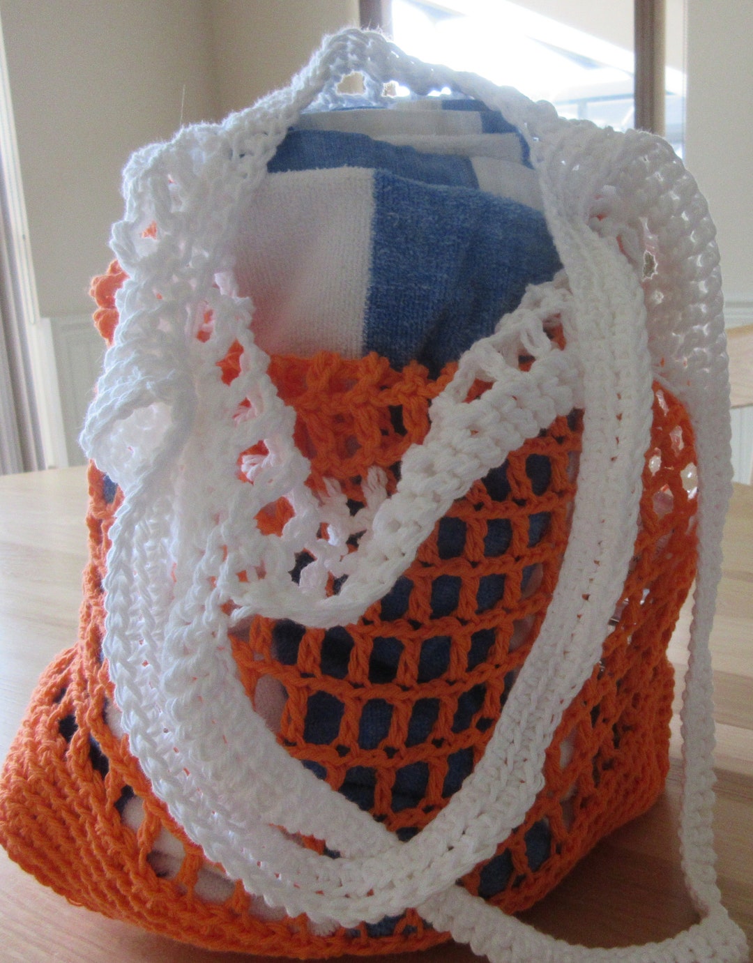 Mesh Crochet Beach Tote, Orange & White Cotton Market Bag - Etsy