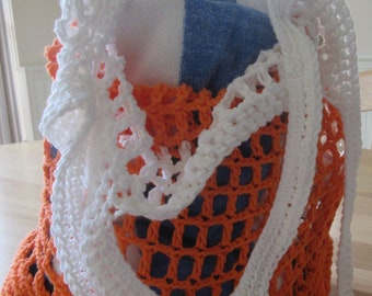 Mesh Crochet Beach Tote, Orange & White Cotton Market Bag