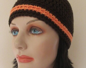 Brown Beanie with Orange Stripes, Unisex Hat, Cold Weather Accessory, Hockey Mom, Hockey Dad, Ice Skating, Parent Halloween Hat