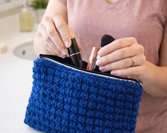 Crocheted Royal Blue Zipper Pouch, Acrylic Yarn, Travel Bag, Cosmetic & Makeup Bag, Gift for Women, Bridesmaids, Large Purse Organizer