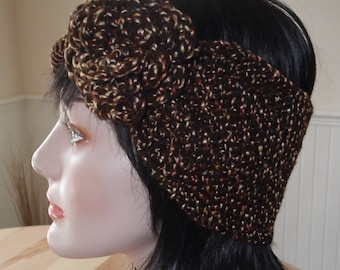 Brown Headband Wide Headband Knit Headband Knit Headband with Attached Flower Ear Warmer Cold Weather Accessory Hockey Mom