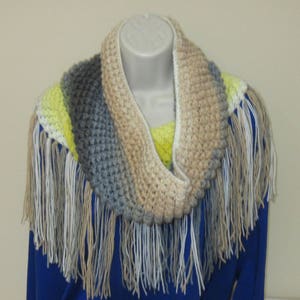 Crochet Cowl, Gray, White, Yellow, Beige Spring Cowl, Infinity Scarf, Fringed Scarf image 4